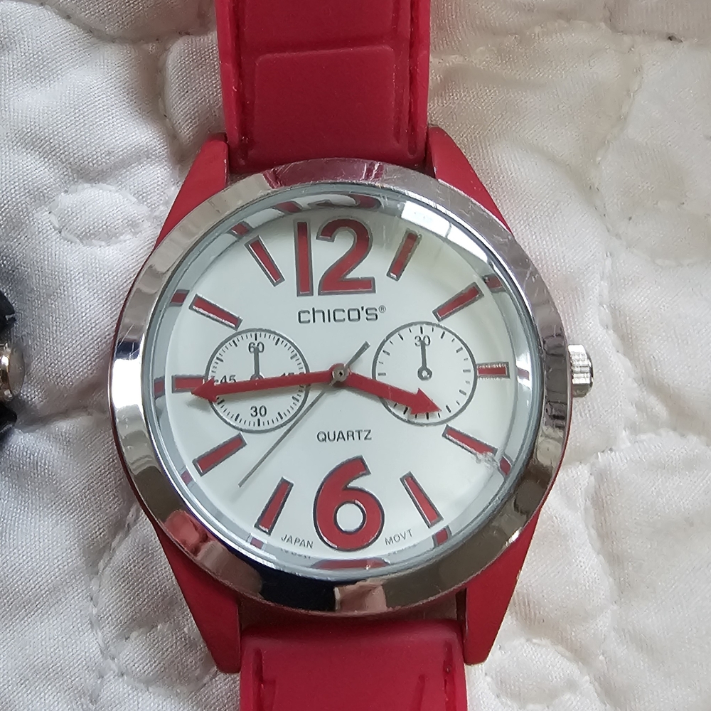 Chico's Hot Pink Silicone Strap Watch with Silver Dial Back - Picture 3 of 8